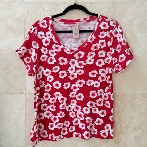 Philosophy 100% Pima Cotton Floral Tee Red Pink Flowers V-Neck Short Sleeve LG